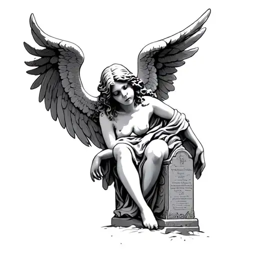 Angel crying on grave stone tattoo design idea
