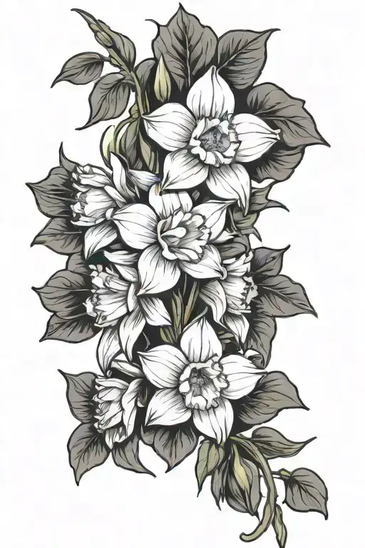 a fine line spine tattoo of a Narcissus, Honeysuckle, Sweet pea, Daffodil, Violet, Iris, and larkspur. tattoo design idea
