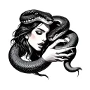 woman eating snake in her hand reaching tattoo design idea