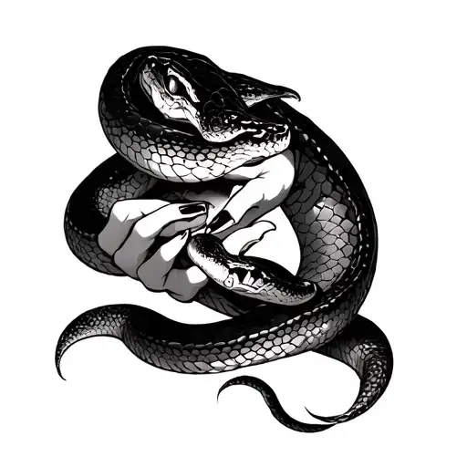 woman eating snake in her hand reaching tattoo design idea
