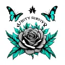 Fire Rose Unity Survivor logo incorporated butterfly and flowers teal accents tattoo design idea