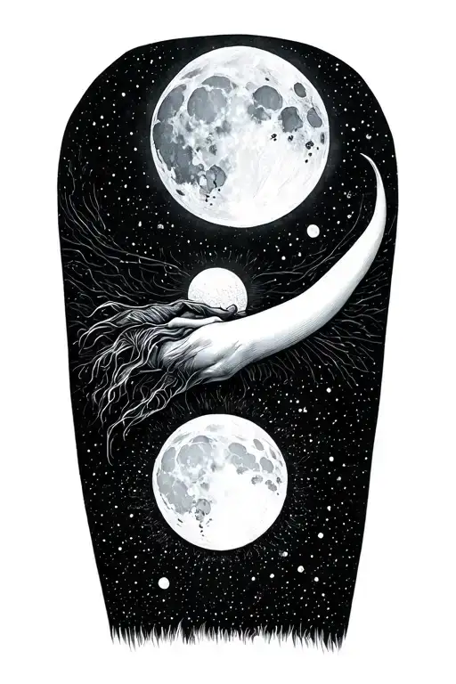 Full moon above elbow. Small Selene on full moon below. Fine line, blackwork, mystical. tattoo design idea