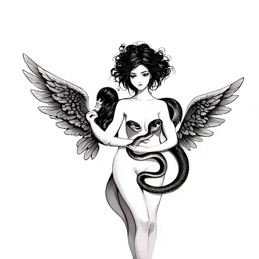 sexy angel friends with snake earthy feminine fairy tattoo design idea