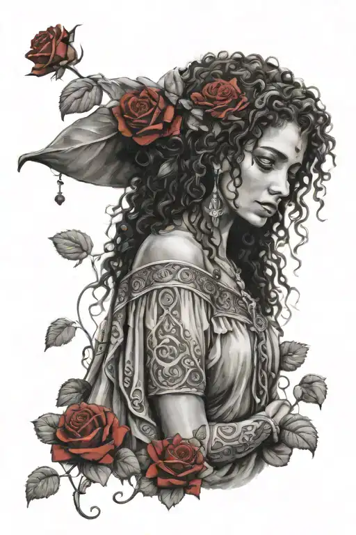 a Romani gipsy girl with curly hair and long skirt with is till the floor 1 red rose and the rest is black and white  tattoo design idea