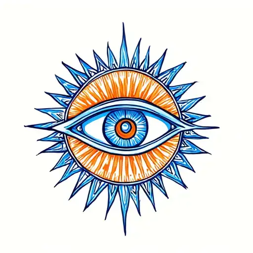 eye of ra and egyptian sun with blue and orange color tattoo design idea