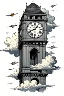 clock tower surrounded by clouds floating with roman numerals and coordinates next to it tattoo design idea