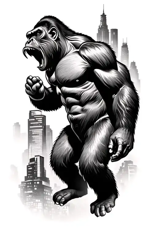 roaring silver back gorilla over city look realistic tattoo design idea