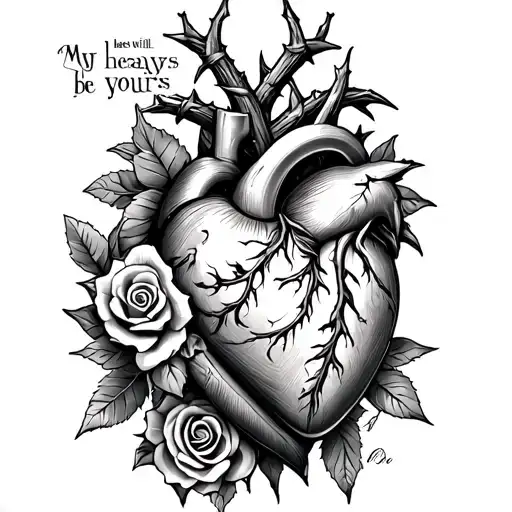 David Jones' Tesoso heart chest with pirate design, thorns, roses and the phrase my heart will always be yours tattoo design idea