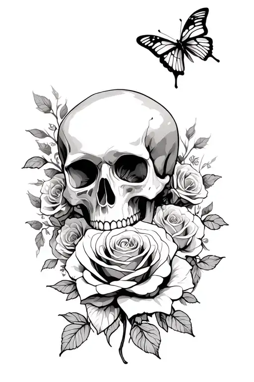 skull roses butterflies tattoo design idea