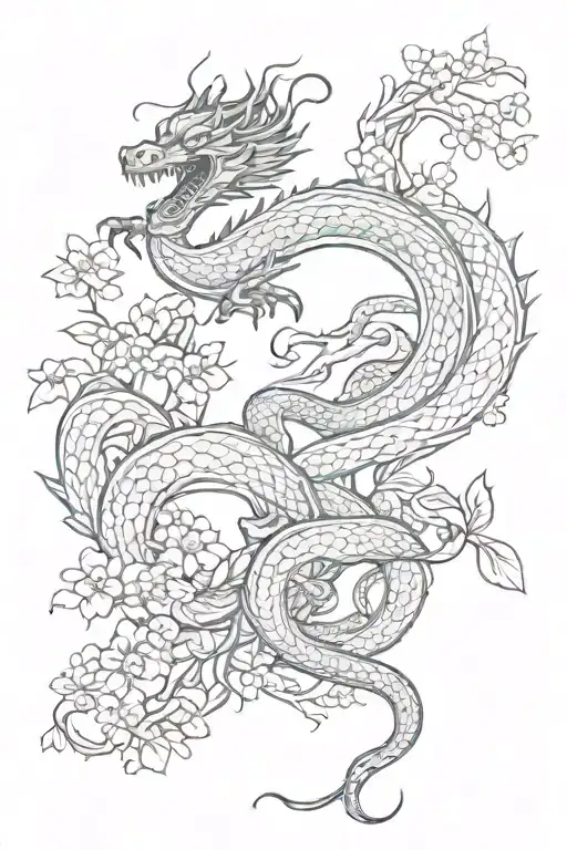 Asian dragon and a snake intertwined with vines, cherry blossom tree and flowers tattoo design idea