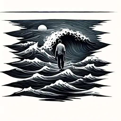 small figure walking across calm waves, abstract flowing lines merging with horizon, symbol of trust and courage tattoo design idea