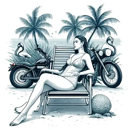 A tattoo design of a woman lounging on a beach chair, surrounded by motorcycles and tropical animals like flamingos and palm trees tattoo design idea