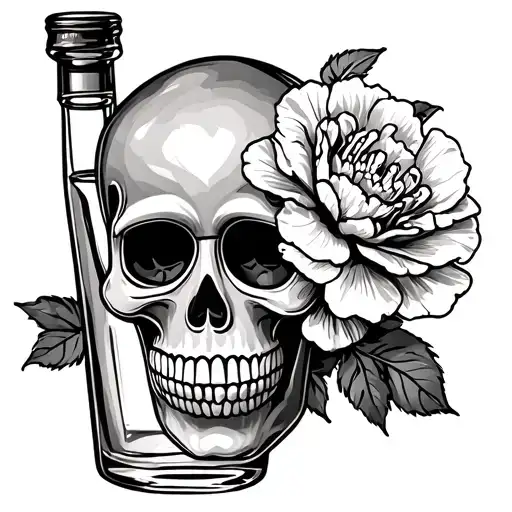 sugar skull with carnation flower and tequila bottle tattoo design idea