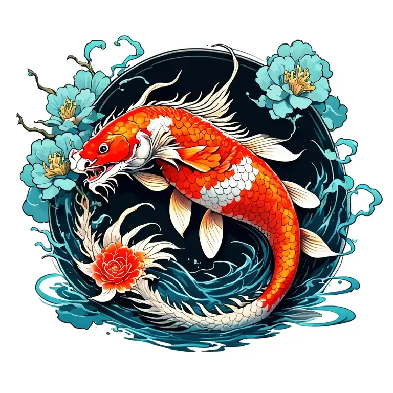 koi fish with dragon temple surrounded tattoo design idea