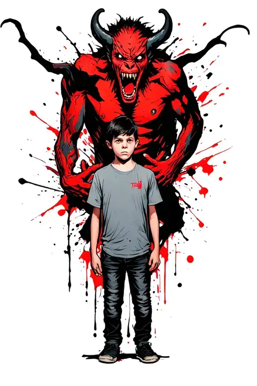 a boy standing with a scary demon grabbing him from behind tattoo design idea