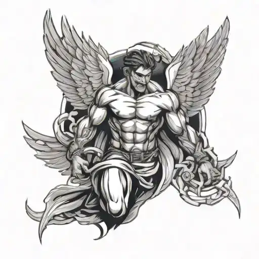 A strong man with white angel wings, using his strength to break free from being bound in chained made of fire.  tattoo design idea