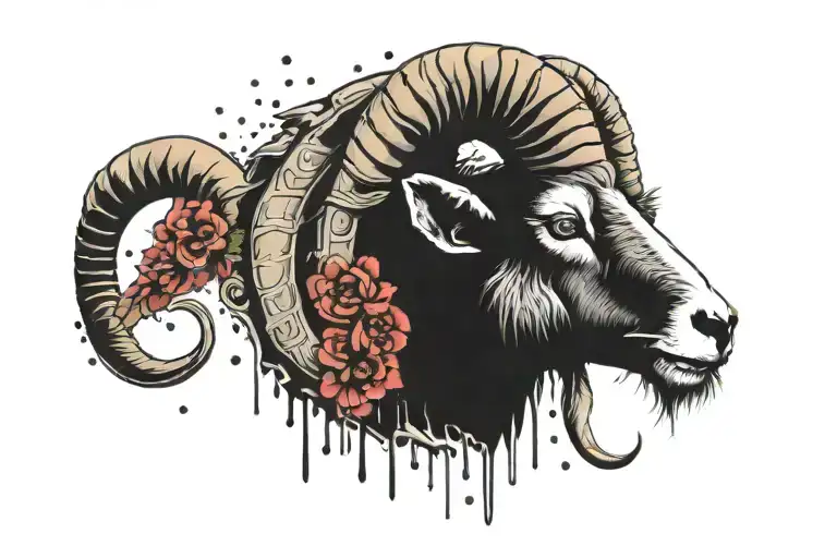 ram and goat head  surrounded my rain tattoo design idea