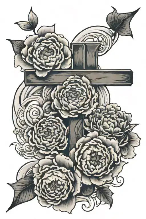 three crosses and Japanese wave and peony  tattoo design idea