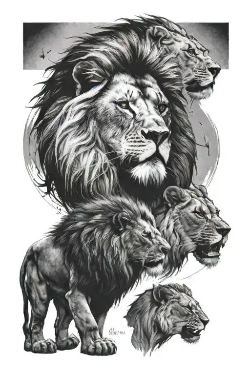 Forearms tatto upper side lion roaring and down side parents with son and down side one compass  tattoo design idea