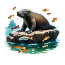 walrus spirit animal surounded by sea food colorful fish from the ocean and on a large rock with murmaids in the water,  tattoo design idea