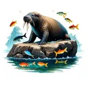 walrus spirit animal surounded by sea food colorful fish from the ocean and on a large rock with murmaids in the water,  tattoo design idea