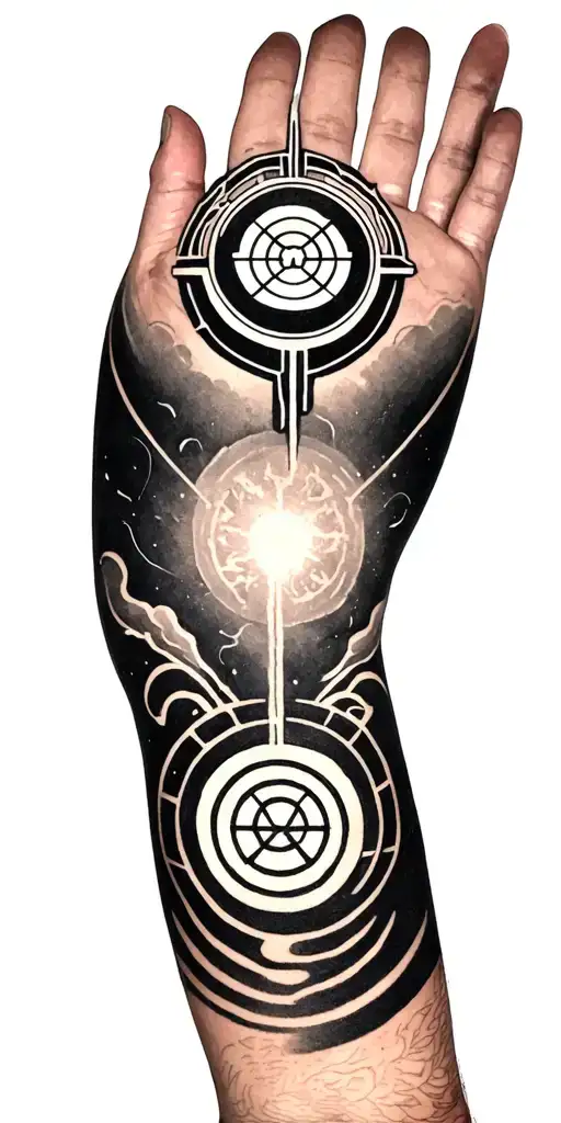 arm sleeve tattoo featuring geometric designs and the dharma initiative logo from lost and twenty one pilots tattoo design idea