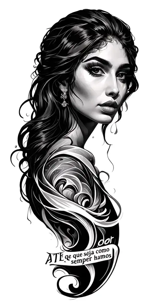 Create a "flow br" style design with Marilin Monro's face and below the phrase: até que seja como semper hamos. tattoo design idea