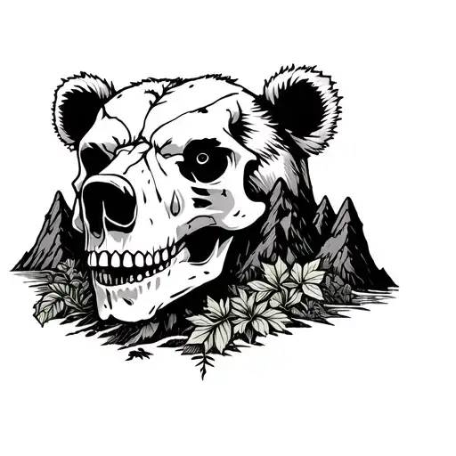 Bear skull surrounded by mountains and around the plant tattoo design idea