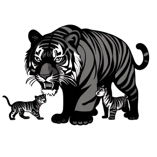 Slim Hawaiian-style tattoo, black and white, proud dad tiger watching two tiger cubs playing, tribal design tattoo design idea