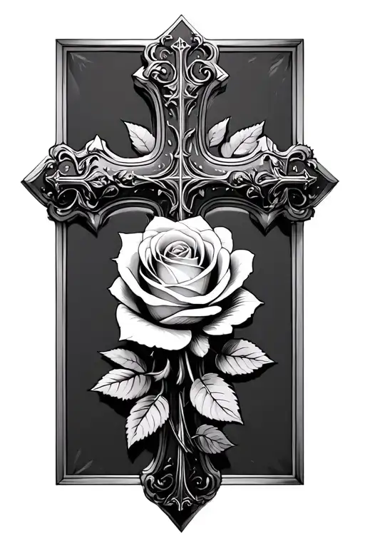 catholic cross with a rose in the middle using the rose stem for the bottom of the cross tattoo design idea