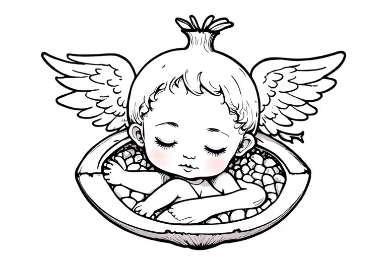 a cute kewpie doll whit angel wings sleeping inside of an open pomegranate, you can see the seems. hand draw style tattoo design idea