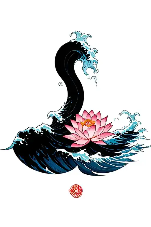 Stylized Hokusai-style waveIn the wave’s curl, a blooming lotus or shell with a small hidden pearl Subtle fish or petal tattoo design idea
