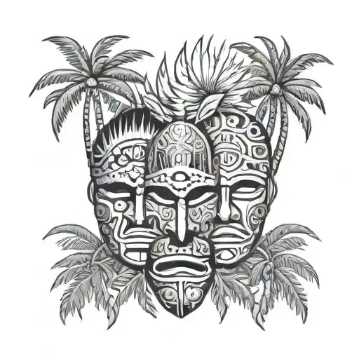 palm trees aboriginal masks tragedy and comedy tattoo design idea