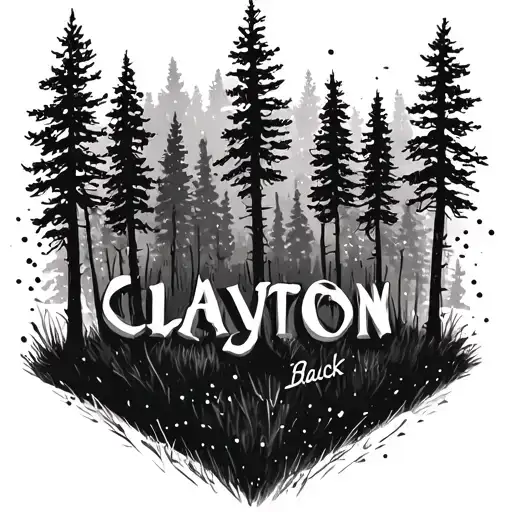 Pnw forest with aspen trees sprinkled in behind the name CLAYTON tattoo design idea