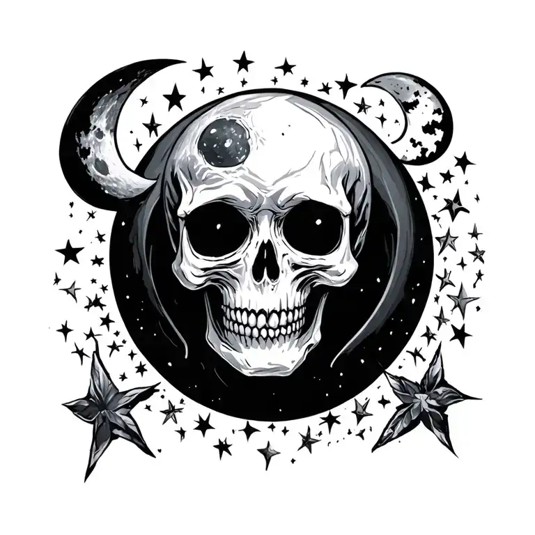 skull moon stars witchy scary dark side tattoo design idea