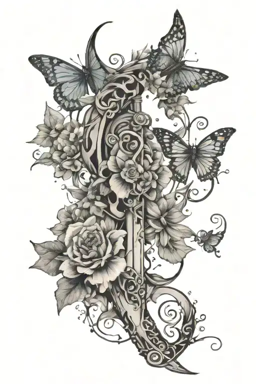 capricorn sword, flowering vine, capricorn constellation, butterfly tattoo design idea