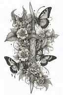capricorn sword, flowering vine, capricorn constellation, butterfly tattoo design idea