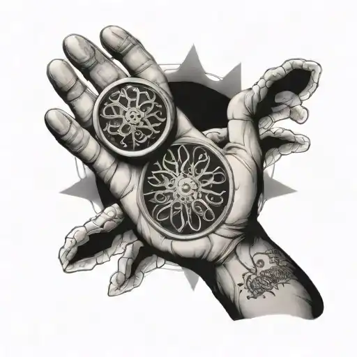 Hand holding biological cell and coin: tattoo design idea