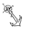 A stylized anchor with thin, smooth lines, without too many heavy details, with a compass rose next to it, represented in a geometric and simple way, with only the main directions (N, E, S, W). The design can have a modern touch, with clean lines and no excessive shading. tattoo design idea