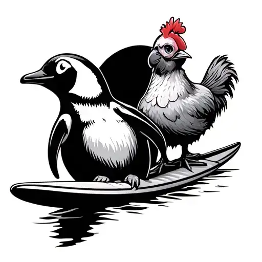 penguin and chicken from the cartoon "are giving waves" surfing in Sydney, Australia. tattoo design idea