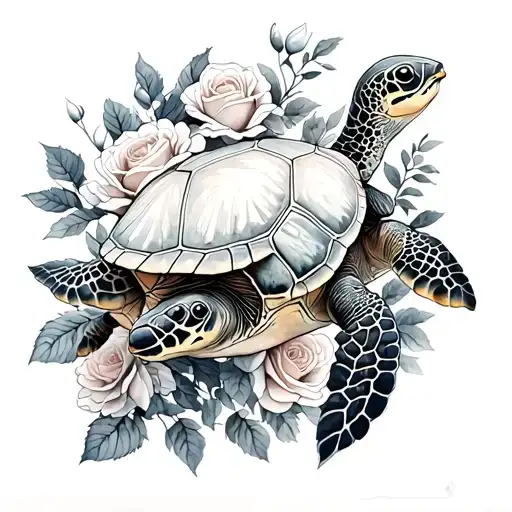 fine line, watercolor-style tattoo featuring a mama sea turtle with two babies, surrounded by roses and hawthorn flowers tattoo design idea