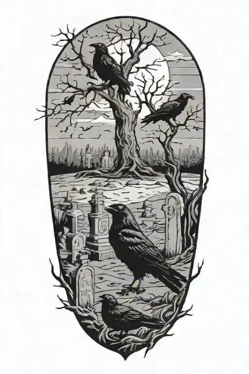 Graveyard with broken tombstones, a lone dead tree in the background, ravens guarding the are. precession of cultists tattoo design idea