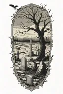 Graveyard with broken tombstones, a lone dead tree in the background, ravens guarding the are. precession of cultists tattoo design idea