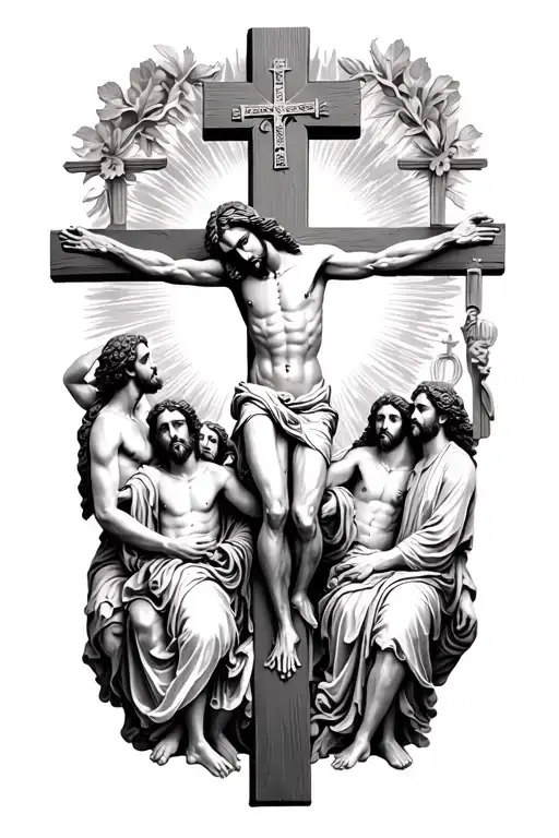 Jesus on Catholic cross surrounded by disciples tattoo design idea
