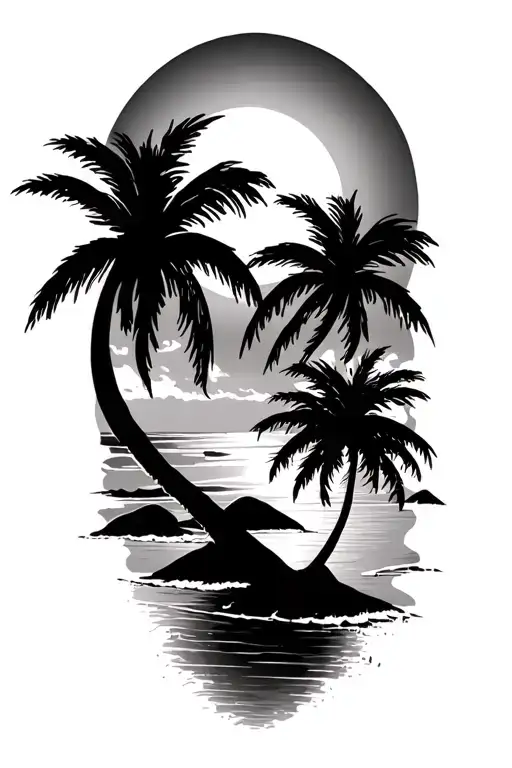 beach scene with palm trees using the godsmack sun at the top of the image tattoo design idea
