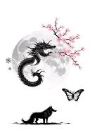 sleeve of japanese dragon, cherry blossoms, a butterfly, snowflakes, and a lone wolf, all in front of a rising full moon tattoo design idea
