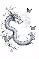 sleeve of japanese dragon, cherry blossoms, a butterfly, snowflakes, and a lone wolf, all in front of a rising full moon tattoo design idea
