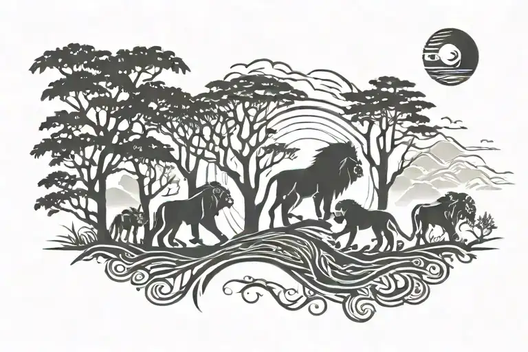 kilimanjaro , trees, lion surrounded tattoo design idea