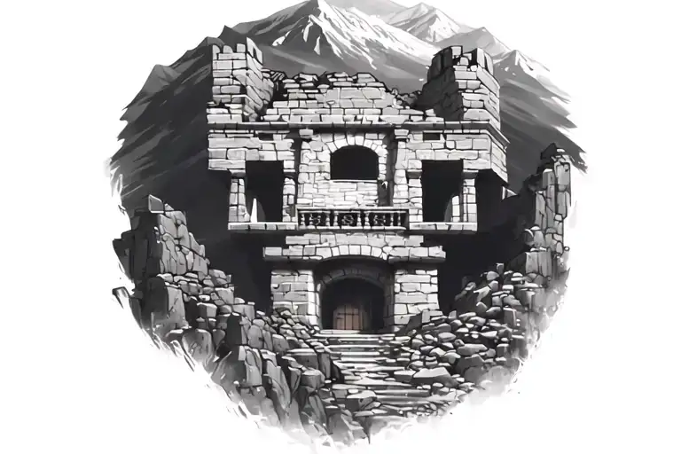 destroyed ancient ruin castle overlooking mountains tattoo design idea