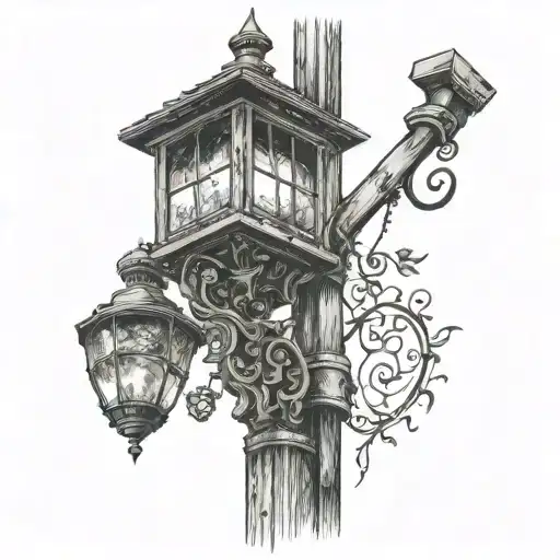 tall old wooden lamp post with figure hanging from it  tattoo design idea